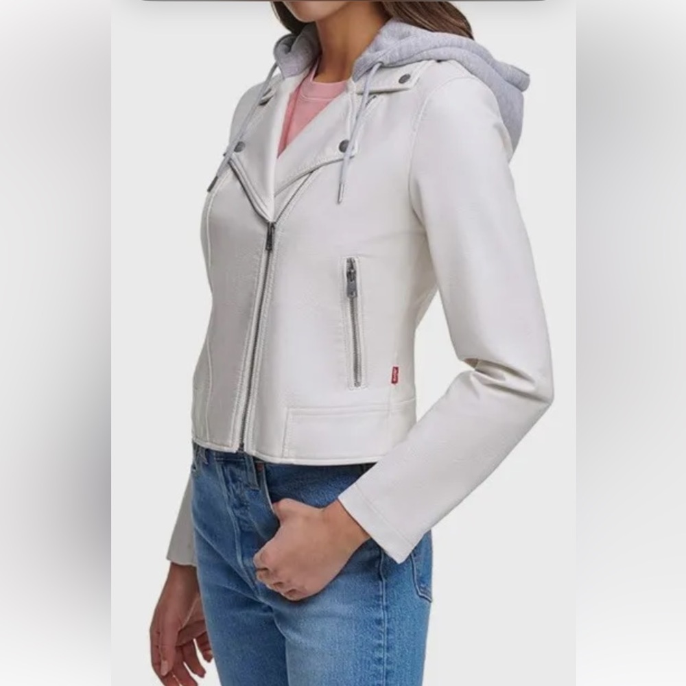 Levi’s Hooded Faux Leather Motorcycle Jacket |Size: S | Color Oyster/ White